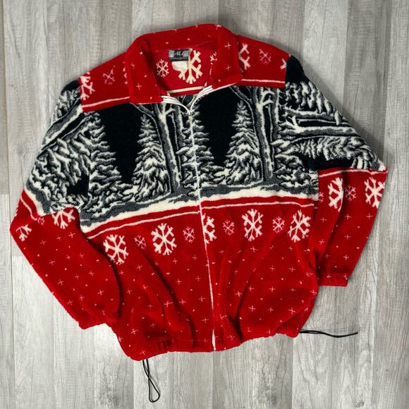 Vintage 90s Fleece Bomber Jacket Winter Landscape Tree Snowflake Red XL - Picture 1 of 8